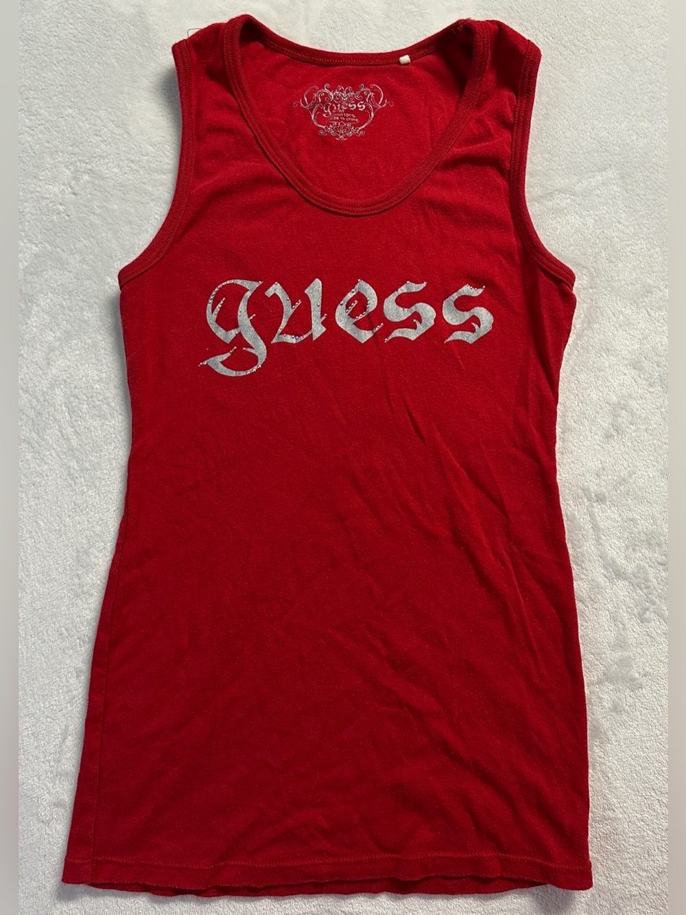 Y2K GUESS women's red silver glitter rhinestone graphic tank, S.